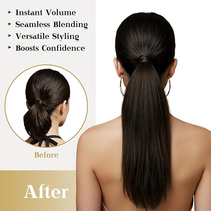 Ve Sunny Brown Clip in Hair Extensions Ponytail Wrap Around Silky Straight 16inch Remy Human Hair Ponytail Extensions Solid Dark Brown Hair Extensions Pony Tail 80g
