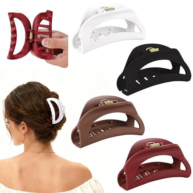 4Pcs Cloud Claw Clips for Women, 4.1" Non-Slip Strong Hold Hair Claws, Unbreakable TPEE-Silicone Blend, Large Bendable Cozy Hair Clip for Thin/Thick/Curly Hair, All-Day Comfort Matte Jaw Clip