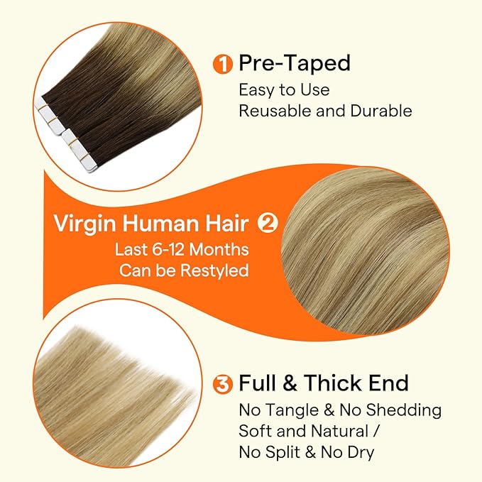 Full Shine Invisible Virgin Tape in Hair Extensions Color 3/8/22 Dark Brown Roots Fading to Brown And Blonde 12Inch Seamless Remy Hair Tape in Extensions Double Sided Skin Weft Natural 20 PCS 30 Gram