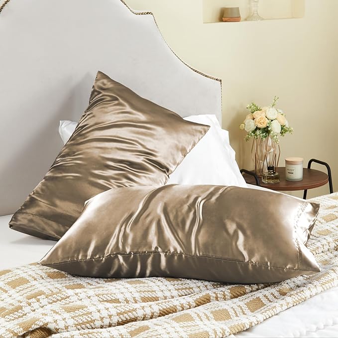BEDELITE Satin Pillowcase for Hair and Skin, Super Soft and Cooling Similar to Silk Pillow Cases 2 Pack with Envelope Closure, Gift for Women Men(20"x26" Standard Size, Tawny Brown)