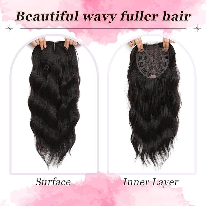 Hair Topper, 360° 3D Hair Toppers for Women with Thinning Crown, 18 Inch Long Wavy Curly Hair Pieces Clip in Bangs (Brown Black, 18 inch, Side Bangs)