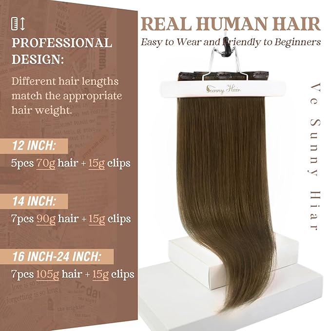 Ve Sunny Clip in Hair Extensions For Short Thin Hair 12 inch Cool Ash Brown Hair Extensions Real Human Hair Clip ins For Women 5pcs 85g
