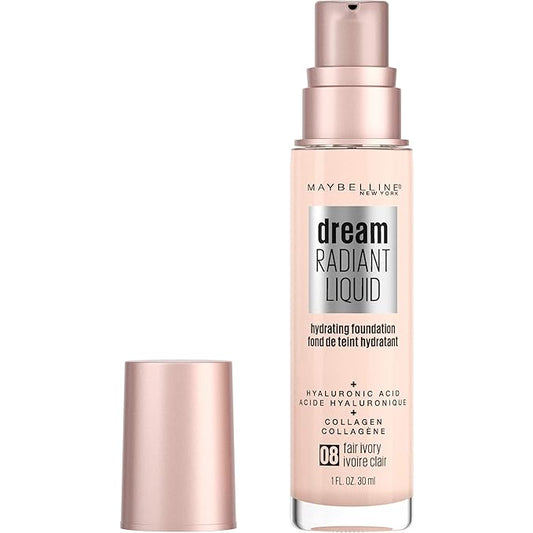 Maybelline Dream Radiant Liquid Medium Coverage Hydrating Makeup, Lightweight Liquid Foundation, Fair Ivory, 1 Count