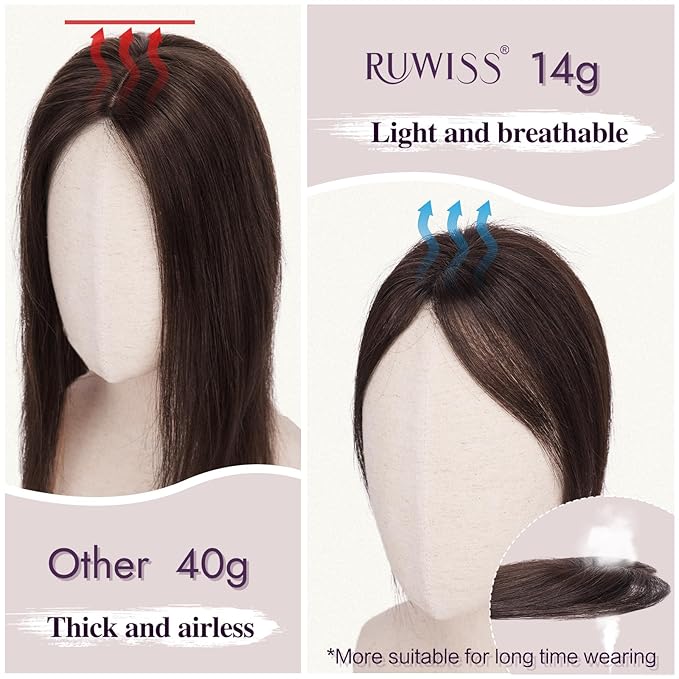 RUWISS Hair Toppers for Women Real Human Hair - Lightweight Clip-in Hair Piece for Thinning Hair, Fluffy Straight Hair Topper without/with Bangs, Golden Blonde Mixed Bleach Blond