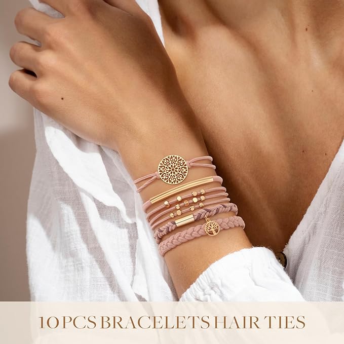 10 PCS Boho Hair Ties - No-Damage, Stretch Bracelets for Thick & Thin Hair, 5 Styles, Pink