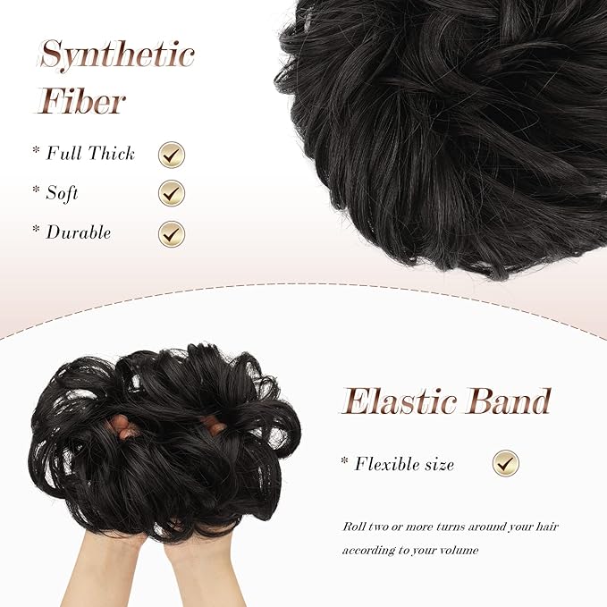 FESHFEN Messy Bun Hair Piece - Large Elastic Wavy Curly Hair Bun Scrunchies Ponytail Extensions Synthetic Chignon Hairpieces for Women, Black Brown 1.94oz
