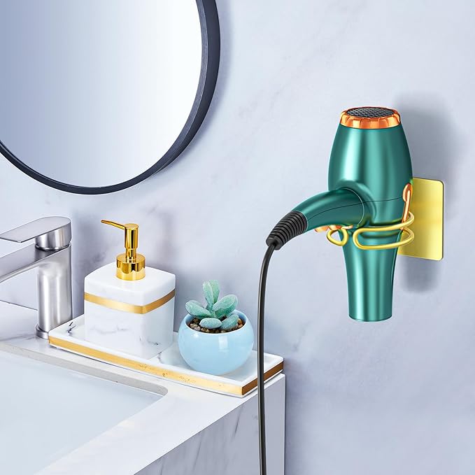 Hair Dryer Holder Wall Mounted, Hairdryer Holder for Bathroom, Blow Dryer Holder, Hair Tool Organizer for Hair Dryer Hanger Storage, Adhesive Blow Dryer Organizer (Gold)