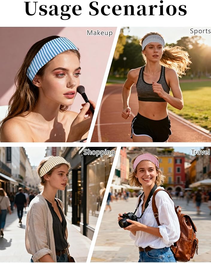 4 Pack Wide Striped Headbands for Women Non Slip Soft Cloth Fabric Headbands Hair Accessory Wear for Yoga Fashion Running Sports