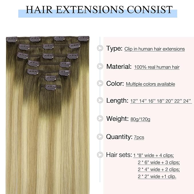 DOORES Hair Extensions Clip in, Light Ash Brown to Light Blonde Highlighted Golden Blonde 18 Inch120g 7pcs, Remy Clip in Human Hair Extensions Natural Hair Extensions Thick Hair Extensions