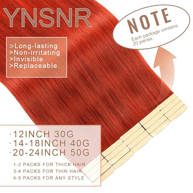 Human Hair Tape in Extensions Copper Red 20 Inch Invisible Tape in Hair Extensions Human Hair for Women Hair Extensions Real Human Hair Tape in
