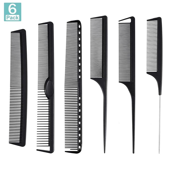 6 Pieces Carbon Fiber Hair Combs Set, General Styling Grooming Combs, Anti Static Heat Resistant Hairdressing Comb, Fine and Wide Tooth Hair Barber Rat Tail Comb