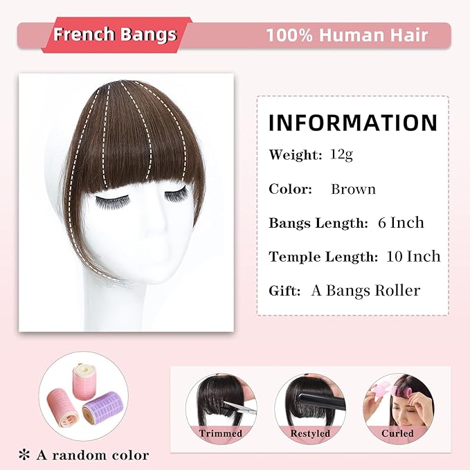 NAYOO Bangs Hair Clip- Brown Fake Bangs 100% Real Human Hair Extensions French Bangs for Women Fringe with Temples Hairpieces Curved Bangs for Daily Wear