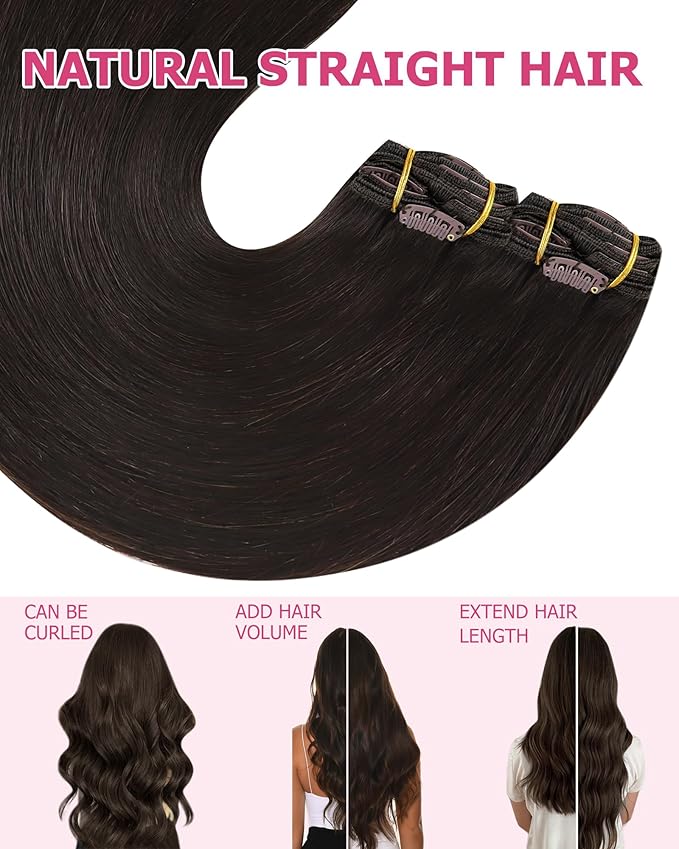 YoungSee Clip in Hair Extensions Human Hair Brown Clip on Hair Extensions for Women Darkest Brown Clip in Human Hair Extensions Silky Remy Hair 20Inch 120G 7Pcs
