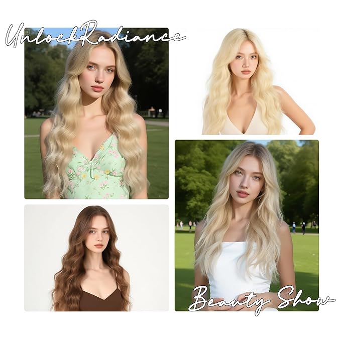 Long Wavy Ombre Blonde Wig with Curtain Bangs for Women 26 Inch Synthetic Wig Natural Looking Heat Resistant Fiber Hair Wig for Daily Party Halloween Cosplay Use