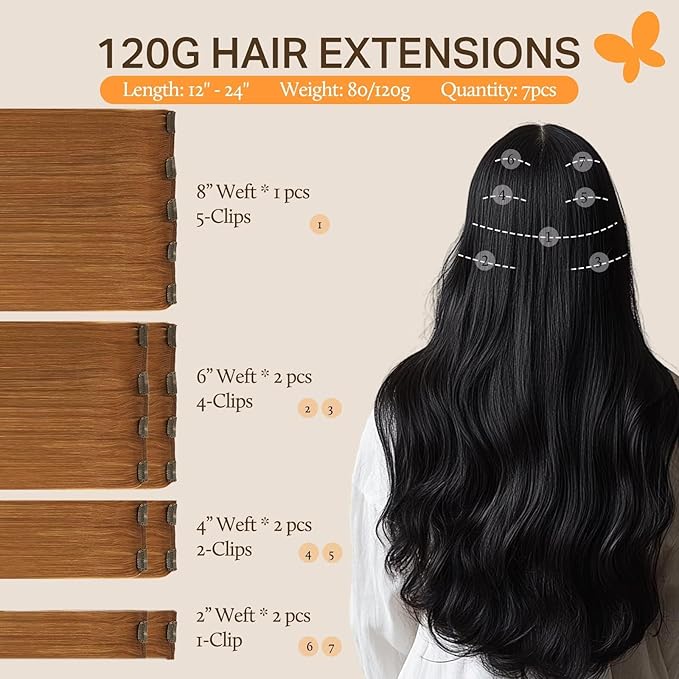 DOORES Human Hair Extensions Clip in, Medium Auburn 16 Inch 7pcs 120g, Remy Thick Natural Silky Straight Extensions for Women