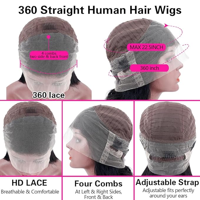 sdamey 360 Straight Lace Front Wigs Human Hair HD Transparant Full Lace Wigs For Women 200 Density Wigs Human Hair Pre Plucked With Baby Hair 12A Brazilian Virgin Hair Natural Color 20inch