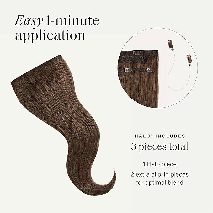Luxy 100% Remy Human Hair – Halo Clip-In Hair Extensions –Natural Looking Volume & Length - One-Piece - Easy 5-Min Application 140 grams 16" Neutral Brown Halo
