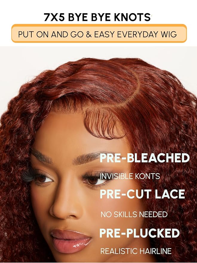 Julia Hair Reddish Brown Glueless Jerry Curly Human Hair Invisi-Drawstring Wig Auburn Pre Cut 7x5 Lace Front Wigs Pre Plucked Bleached Pre Cut Lace Closure Natural Hairline Put On and Go 24 Inch
