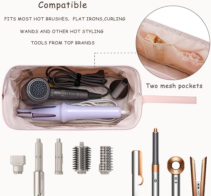 Large Quilted Hair Tools Travel Bag with Bow Pattern,Waterproof Hair Styling Accessories Storage Case for Shark FlexStyle, Dyson Airwrap Hair Dryer, Curling Iron, Revlon Hair Tools(Beige)