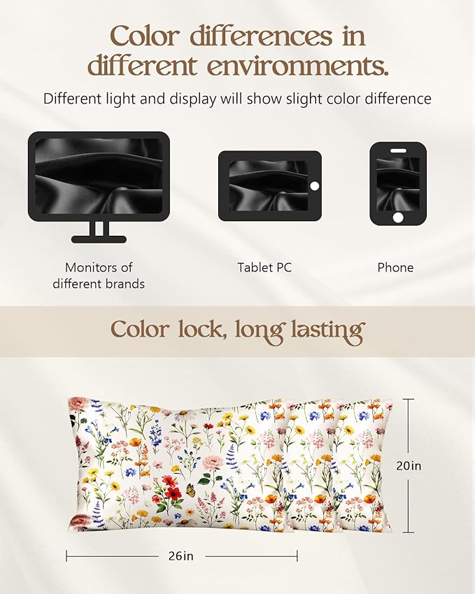 2 Pack Mulberry Silk Pillowcase for Hair and Skin - Standard Size 20 x 26 Inches with Hidden Zipper Beige Flower 19 Momme Soft Sleeping Silk Pillow Case for Women, Moms
