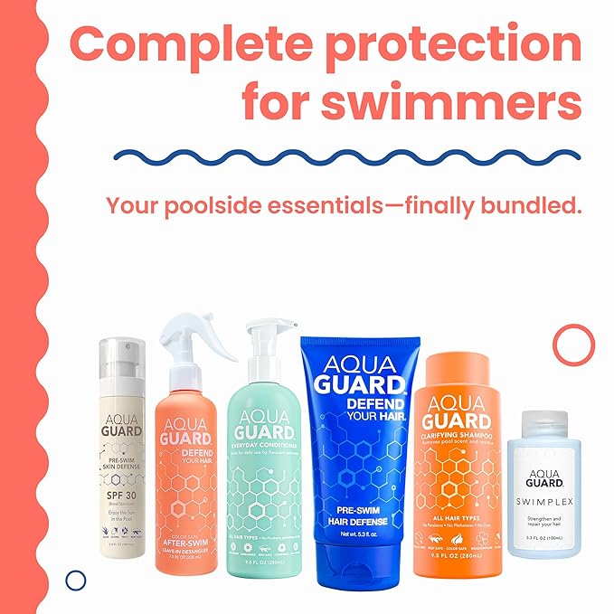 AQUA GUARD Swim Hair Rescue Bundle | Pre-Swim Protection & Post-Swim Repair Kit | Includes Hair Defense, Shampoo, Conditioner, Detangler, Hair Mask & SPF Skin Defense | Chlorine Care For Swimmers