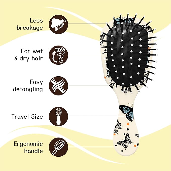Mini Hair Brush,Cute Detangling Travel Hair Brush,Soft Bristles for Effortless Tangle Removal,Detangler Hairbrush for Women Men Boys Girls Kids Wet Dry All Hair Types (Black Butterfly, Mini)