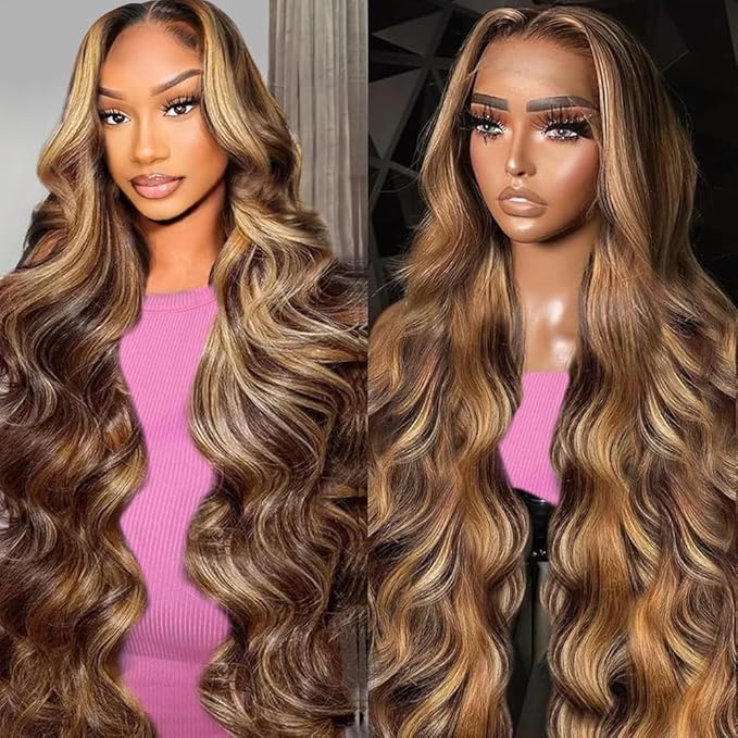 36Inch Highligh Ombre Lace Front Wig Human Hair Highlight Body Wave 13x6 Lace Front Wigs Pre Plucked HD Frontal 180 Density Glueless 4/27 Highlighted Human Hair Wig
