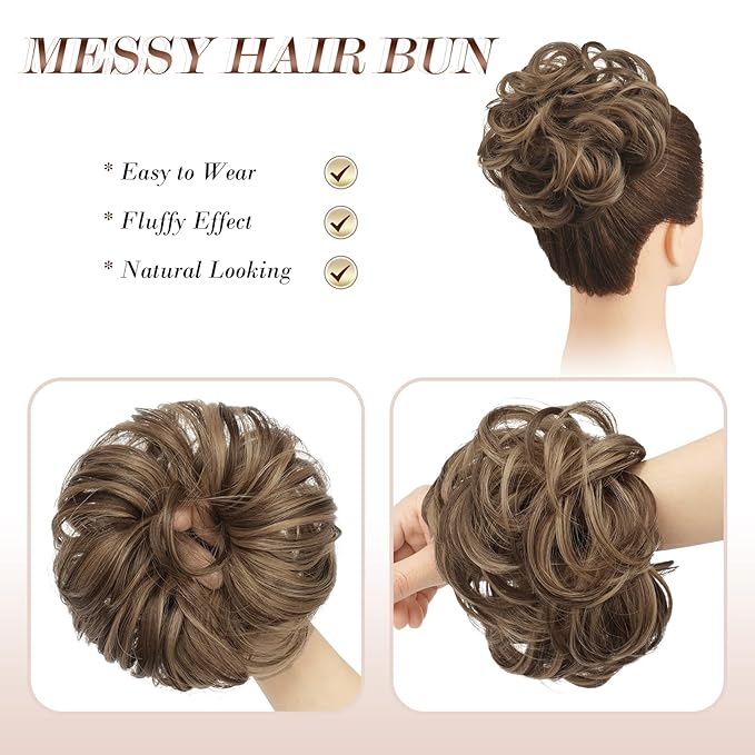 FESHFEN Messy Bun Hair Pieces - Large Wavy Curly Elastic Hair Bun Scrunchies Ponytail Extensions Synthetic Chignon Hairpieces for Women, Brown Mixed Honey Blonde 1.94oz