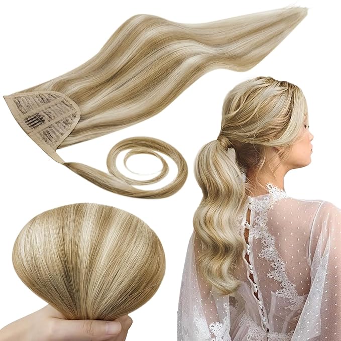 RUNATURE Human Hair Ponytail Extension Blonde, Straight Ponytail Extension Real Human Hair, Ponytail Hair Extensions Short, Remy Natural Hair 12 Inch 70g #16P22 Dark Ash Blonde Highlight Light Blonde