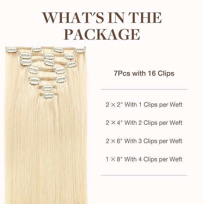 GOO GOO Clip in Hair Extensions Real Human Hair, Remy Human Hair Extensions Clip ins for Women, Natural Human Hair, 22inch 120g 7Pcs, 613R Bleach Blonde
