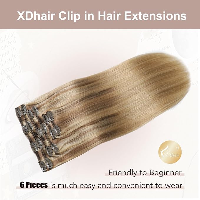 XDhair Human Hair Clip in Extensions 120g Balayage Color 10 Golden Brown to Light Blonde Highlight 27 Blonde Double Weft Clip in Hair Extensions #10/27/27 22 Inch