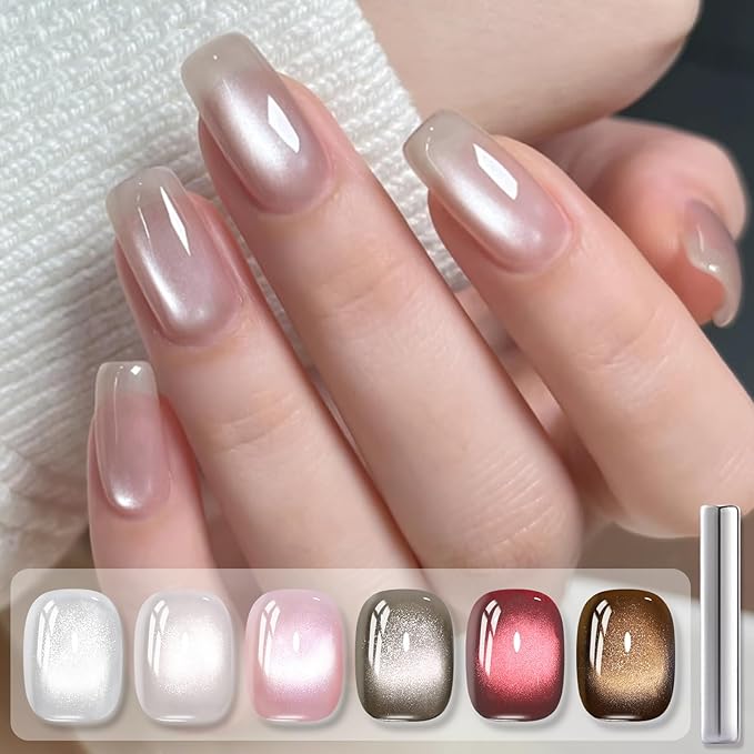 Born Pretty Cat Magnetic Eye Gel Nail Polish, 6 Colors Retro Magnetic Glitter Gel Polish Set Silver Pink Red Nail Polish Kit Soak Off LED Nail Art DIY Salon Gift