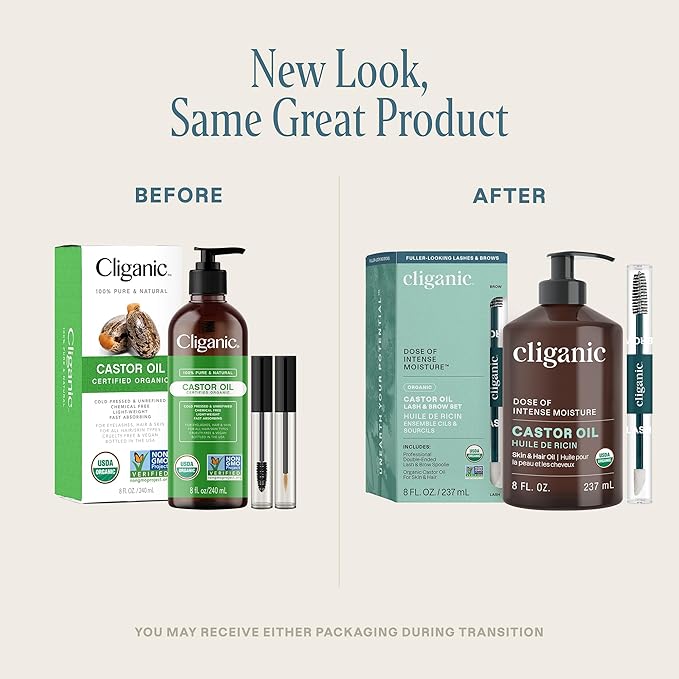 Cliganic Organic Castor Oil, 100% Pure (8oz with Eyelash Kit) - For Eyelashes, Eyebrows, Hair & Skin | Natural Cold Pressed Unrefined Hexane-Free (Packaging May Vary)