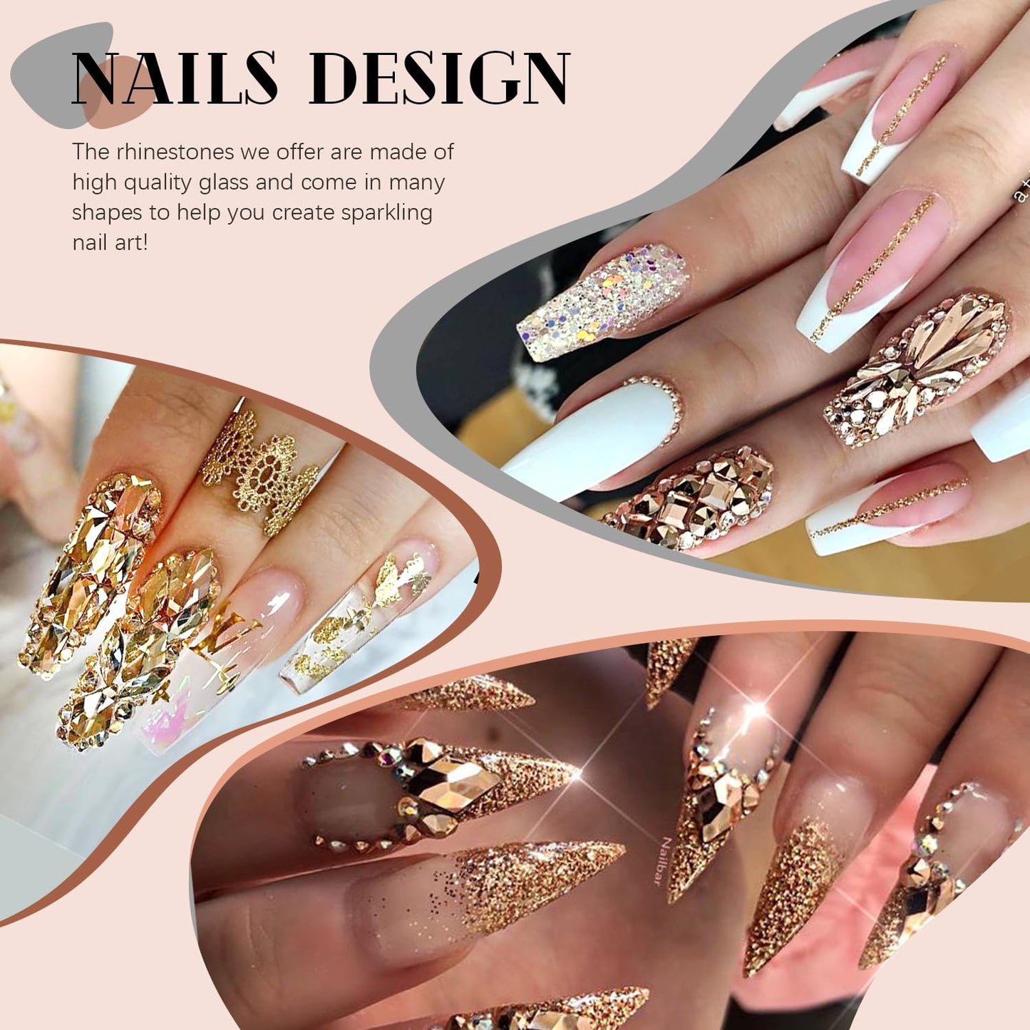 3220Pcs Mineral Gold Glass Nail Rhinestones 120Pcs Multi Shapes Flatback Nail Gems + 3100Pcs 1.5-4mm Round Crystal with Rhinestones Glue Gel, Manicure Nail Charms Diamond Gemstone for Nail Art