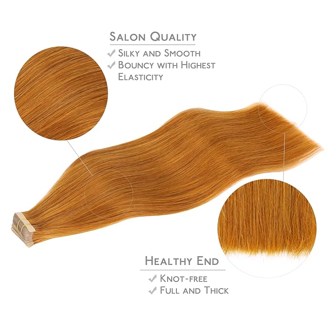 WENNALIFE Tape in Hair Extensions Human Hair, 20pcs 50g 20 inch Auburn Ginger Remy Hair Extensions Straight Human Hair Tape in Extensions Skin Weft Tape Extensions Human Hair