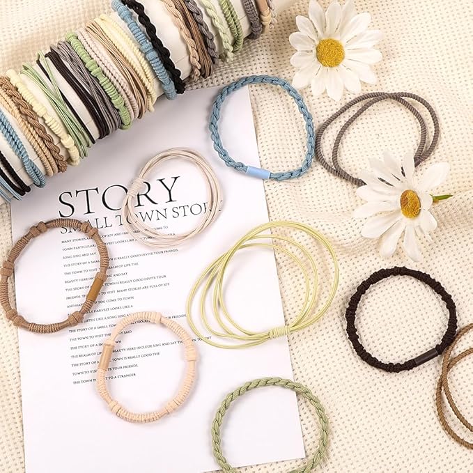 DIYDEC 32PCS Boho Hair Bracelets for Women Elastic Bracelets Hair Ties No Damage Hair Bands for Girls Thick Thin Long Curly Hair Accessories(D Style)