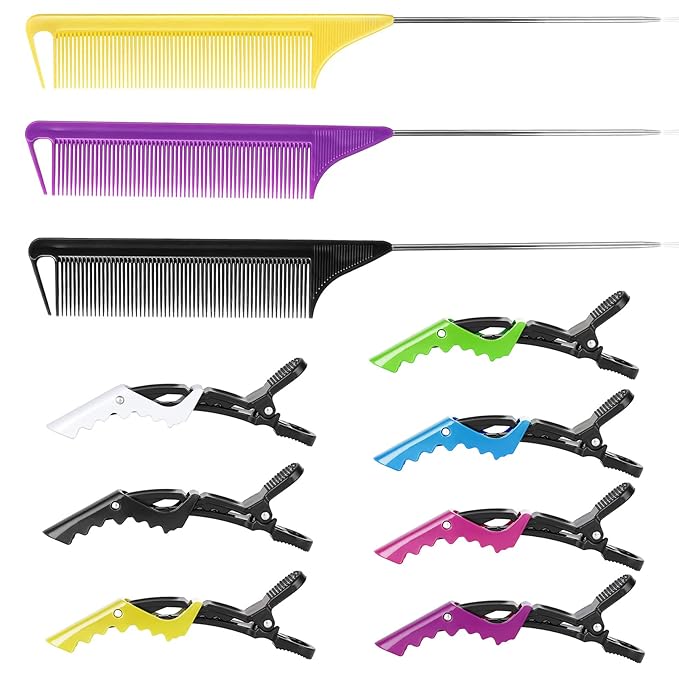 Hair Styling Combs and Clips Set - Rat Tail Teasing Combs with Steel Pin, Sectioning Alligator Clips for Braiding, Parting, and Salon Use