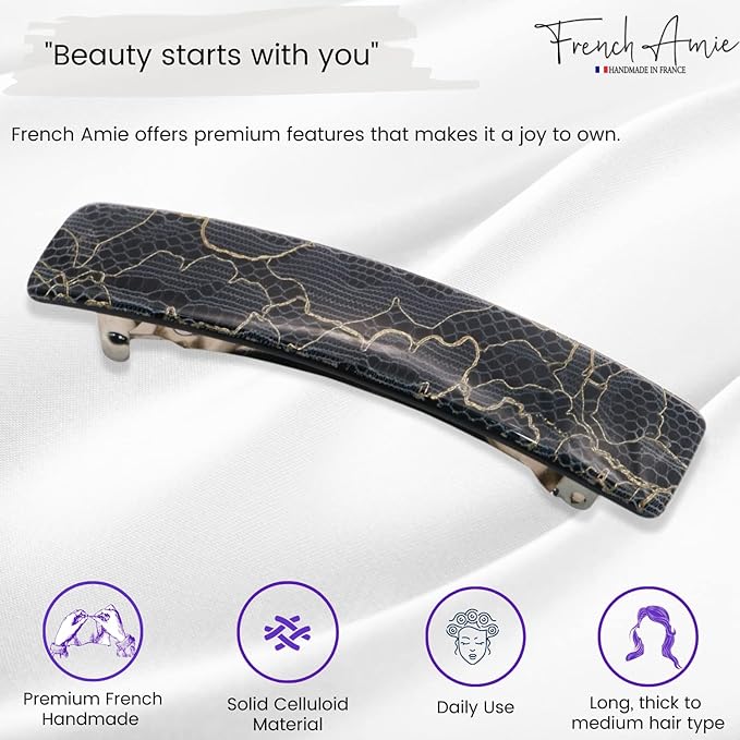 French Amie Oblong Black Net Large 3 1/2" Handmade Celluloid Made in France Automatic Strong Grip Hair Barrette for Women and Girls (Black Net)