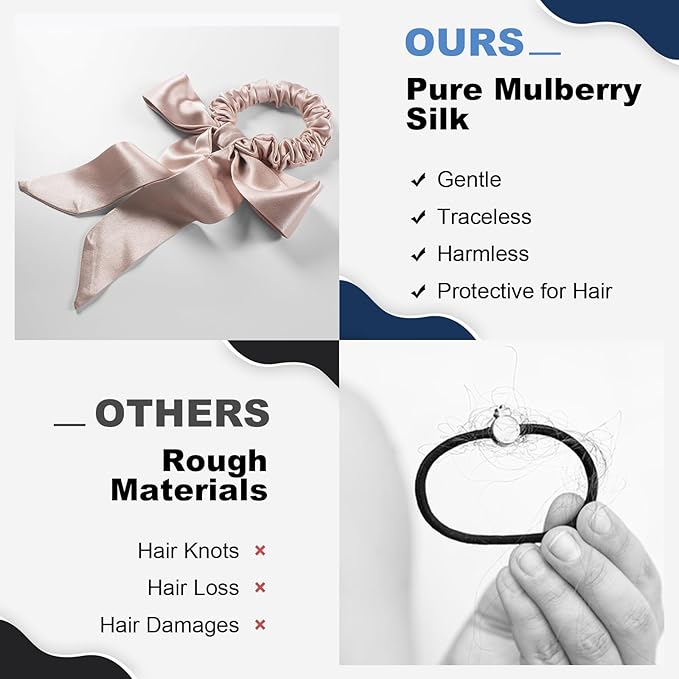 1 Piece Silk Bow Scrunchies for Hair-100% Pure Mulberry 22 Momme Silk Hair Tie, Elastic Ponytail Holder, Elegant Soft Bow Hair Ties Band for Women Hair Care, Multiple Colours (PINK)