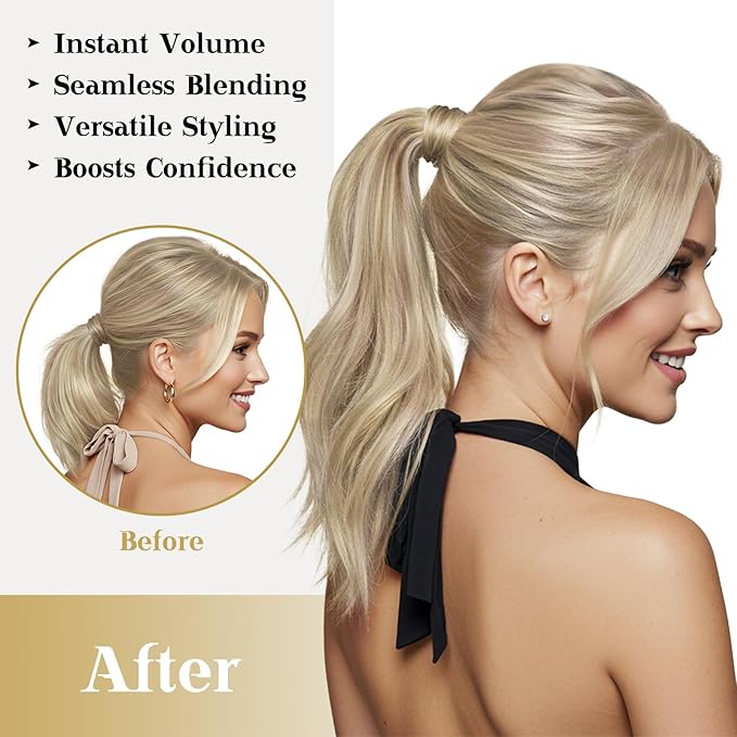Ve Sunny Hair Extensions Ponytail Real Human Hair Wrap Around Clip in Ponytail Hair Extensions Straight Extensions Human Hair for Women Blonde Highlights for Women Warm Color 22inch 80G
