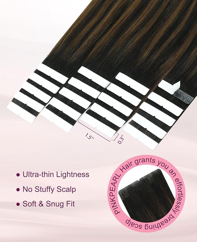 Pinkpearl Invisible Tape in Hair Extensions Human Hair, 20pcs 14inch 40g #1B/4/27 Balayage Natural Black to Chocolate Brown and Caramel Blonde Injection Tape in Extensions Remy Human Hair Injected