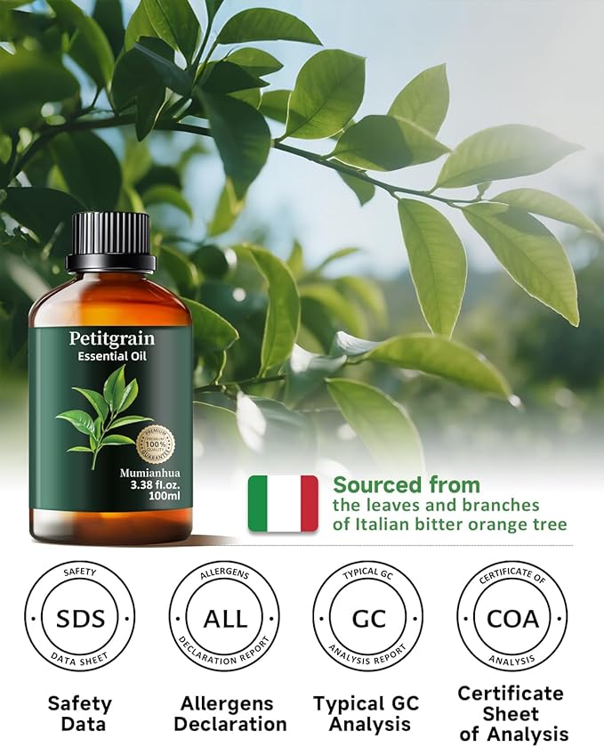 Pure Petitgrain Essential Oil for Bedtime Serenity, Evening Relaxation & Pillow Mist, Mumianhua Natural Citrus-Woody Aroma for Diffuser, Skin,Hair Care, Calming Blends, Soap, Candle Making 3.38 Fl Oz