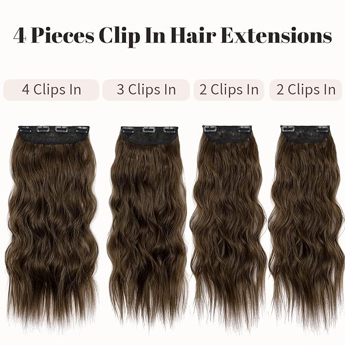 KooKaStyle Clip in Synthetic Hair Extensions Long Wavy 4PCS Thick Hairpieces Chestnut Brown Fiber Double Weft Natural Hair Extensions 16 Inch for Women