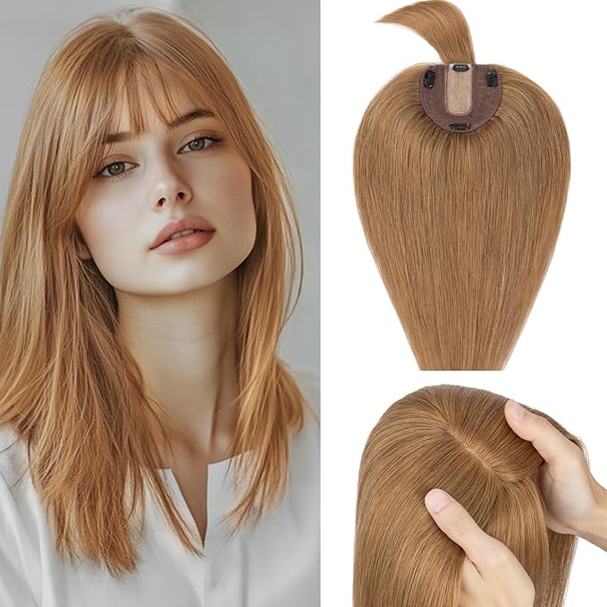 Rich Choices Real Human Hair Toppers for Women With Bang 100% Remy Human Hair Topper for Thinning Hair Clip in Silk Base Hair Topper 12 Inch #6 Light Brown