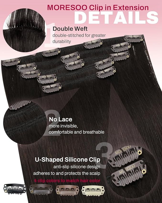 Moresoo Clip in Hair Extensions Dark Brown Hair Extensions Clip ins Real Human Hair Brown Straight 80g/18 inch