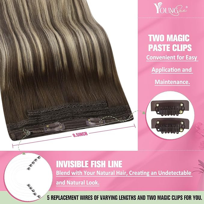 YoungSee Wire Hair Extensions Human Hair Balayage Invisible Wire Human Hair Extensions Ombre Dark Brown with Ash Blonde Straight Fish Line Extensions Soft Remy Hair 14Inch 80G