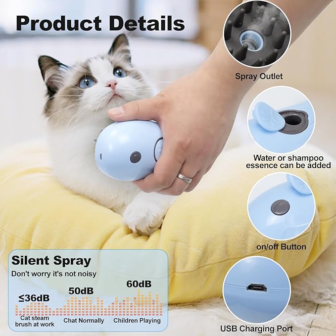 Cat Steam Brush for Shedding, Cat Grooming Brush With Steam, Rechargeable Steam Pet Brush for Dog And Cat, Steamy Cat Brush 3 In1, Self Cleaning Steam Brush for Massage,Clean and Removing Loose Hair