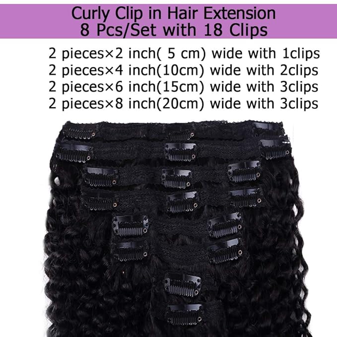 Curly Clip In Extension Human Hair 3C 4A Kinky Curly Clip Ins Full Head for Black Women Brazilian Remy Human Hair Natural Color 8Pcs with18clips 120g/Set (30 inch, curly wave)