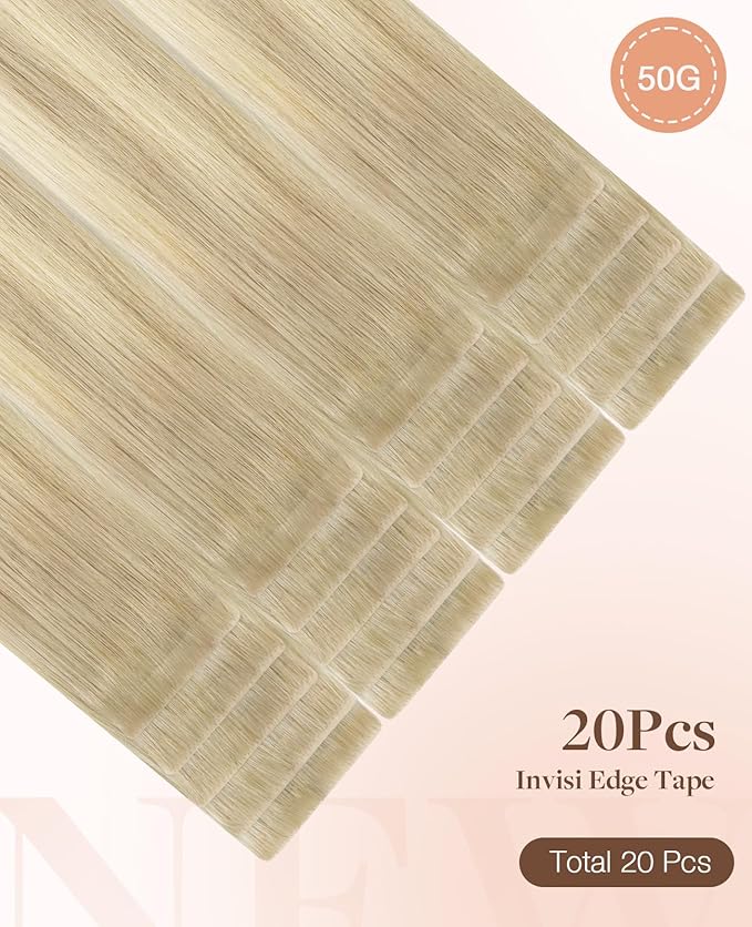 GOO GOO Invisi Edge Tape in Hair Extensions Human Hair, 18ET90A Natural Blonde Balayage 20pcs 14inch 50g, Virgin Remy Hair, Seamless Injected Tape, Natural Look