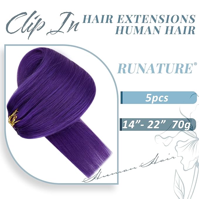 RUNATURE Purple Hair Extensions Clip in Real Human Hair, Full Head Clip in Extensions for Long Hair, Remy Natural Hair Colored Extensions for Women, 22 Inch 70g 5pcs